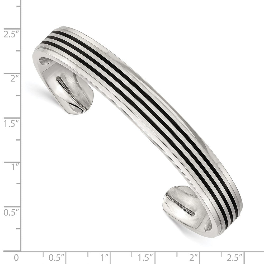 Chisel Stainless Steel Brushed and Polished Black Rubber Inlay Cuff Bangle SRB1519