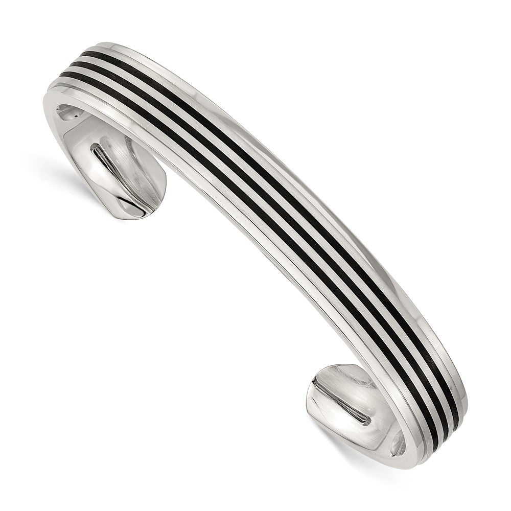 Chisel Stainless Steel Brushed and Polished Black Rubber Inlay Cuff Bangle SRB1519