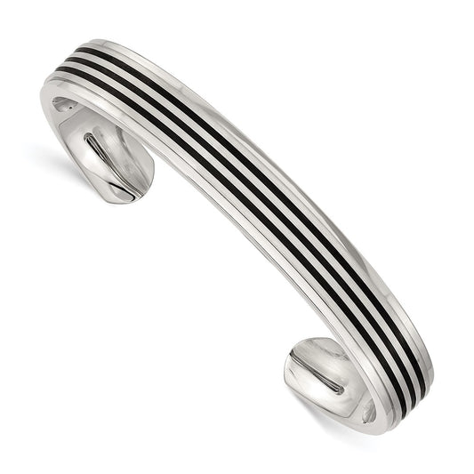 Chisel Stainless Steel Brushed and Polished Black Rubber Inlay Cuff Bangle SRB1519