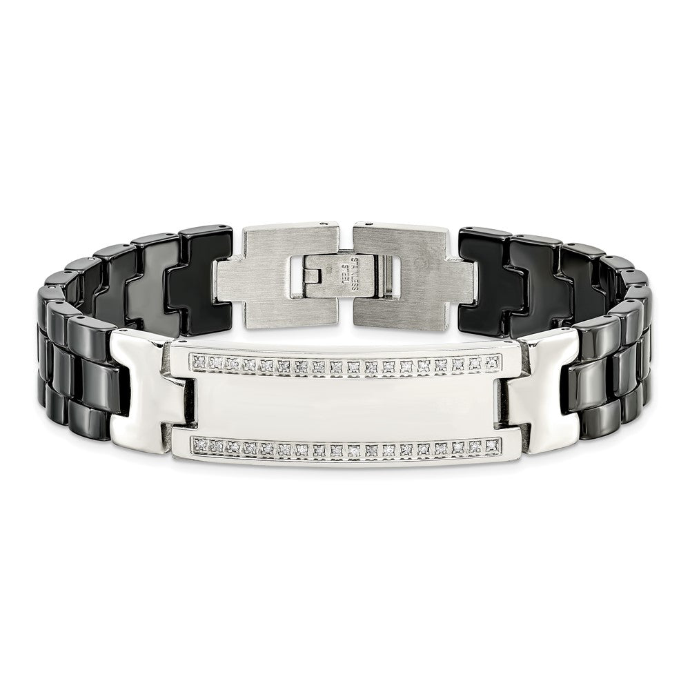 Chisel Stainless Steel Polished with Black Ceramic and 1/4 carat Diamond 8.75 inch ID Bracelet SRB1521-8.25