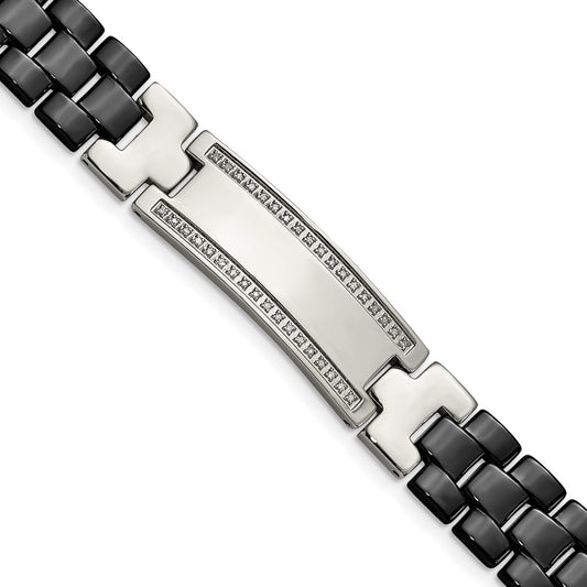Chisel Stainless Steel Polished with Black Ceramic and 1/4 carat Diamond 8.75 inch ID Bracelet SRB1521-8.25
