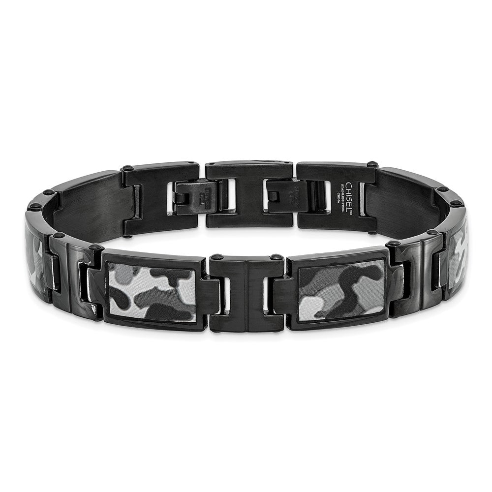 Chisel Stainless Steel Polished Black IP-plated Camo Enamel 8.5 inch Link Bracelet SRB1598-8.5