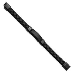 Chisel Stainless Steel Brushed and Polished Black IP-plated Braided Black Leather 8.25 inch Bracelet SRB1631-8.25