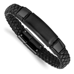 Chisel Stainless Steel Brushed and Polished Black IP-plated Braided Black Leather 8.25 inch Bracelet SRB1631-8.25