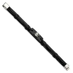 Chisel Stainless Steel Antiqued and Polished Eagle Head Black Leather 8.5 inch Bracelet SRB1658-8.5