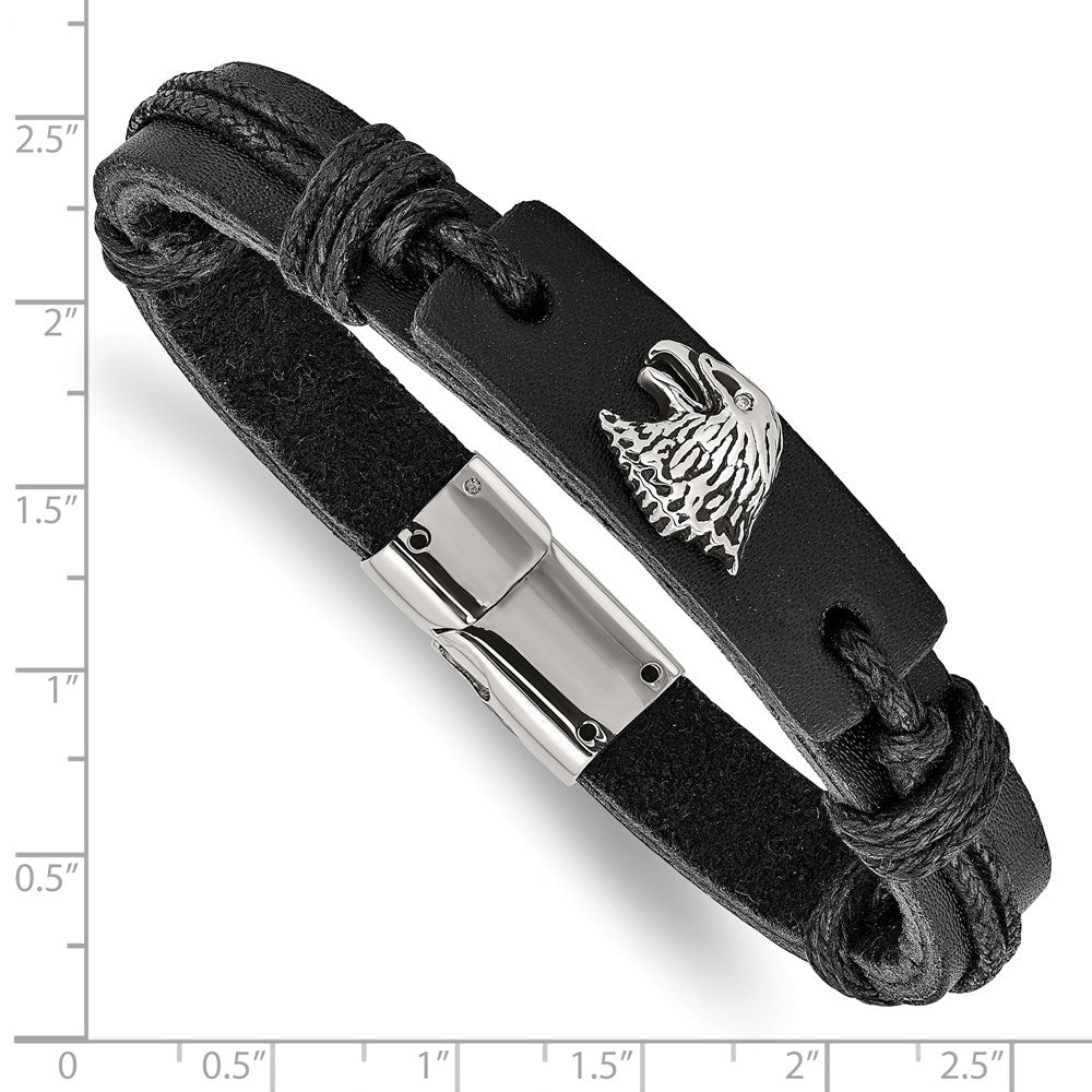 Chisel Stainless Steel Antiqued and Polished Eagle Head Black Leather 8.5 inch Bracelet SRB1658-8.5