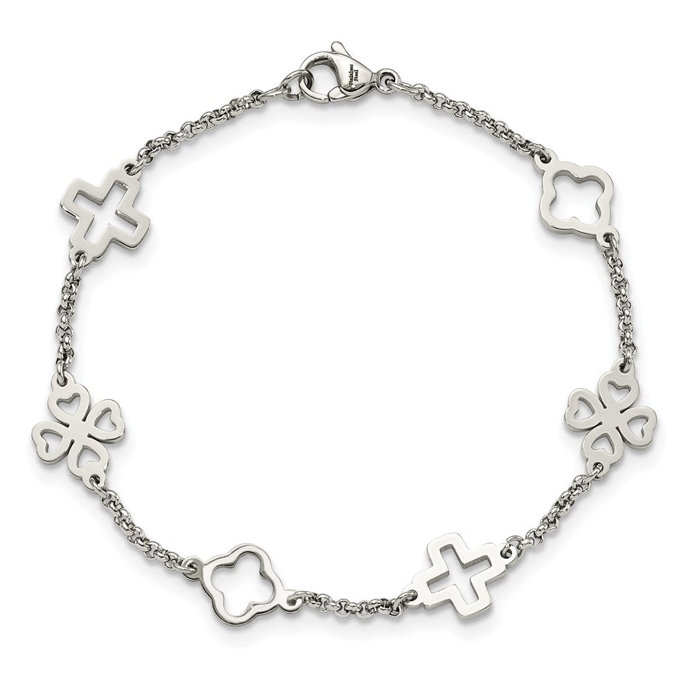 Chisel Stainless Steel Polished Cross and Clovers 7.5 inch Bracelet SRB1694-7.5