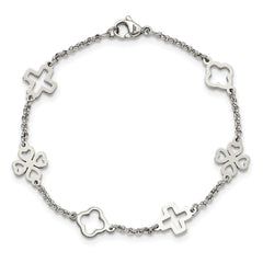 Chisel Stainless Steel Polished Cross and Clovers 7.5 inch Bracelet SRB1694-7.5