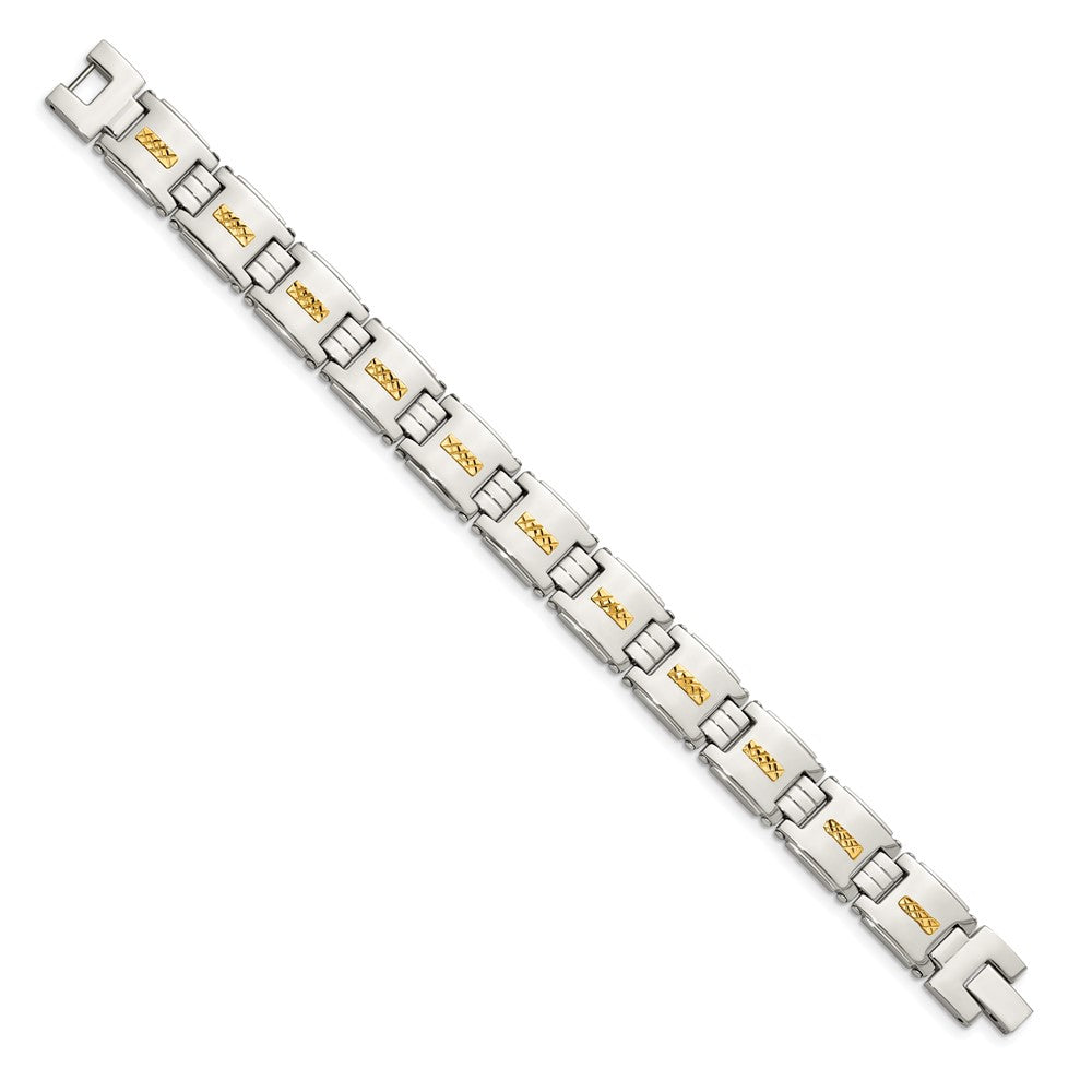 Chisel Stainless Steel Polished with Diamond-cut 14k Gold Inlay 8 inch Link Bracelet SRB1709-8