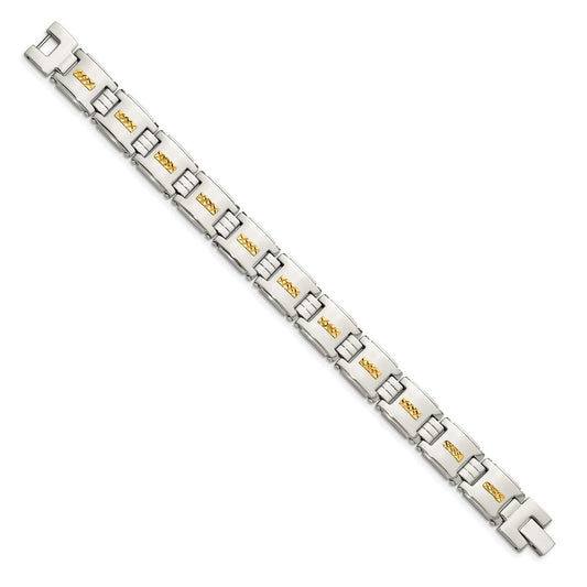 Chisel Stainless Steel Polished with Diamond-cut 14k Gold Inlay 8 inch Link Bracelet SRB1709-8