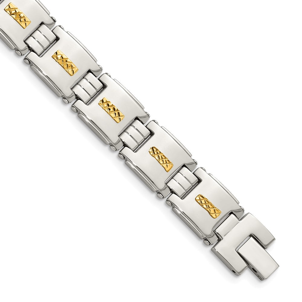 Chisel Stainless Steel Polished with Diamond-cut 14k Gold Inlay 8 inch Link Bracelet SRB1709-8