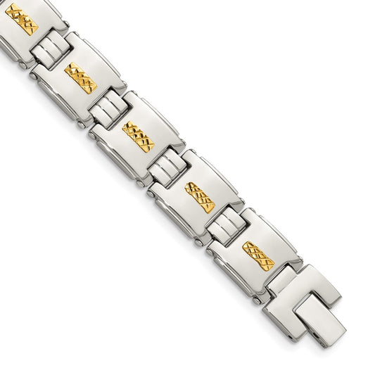 Chisel Stainless Steel Polished with Diamond-cut 14k Gold Inlay 8 inch Link Bracelet SRB1709-8