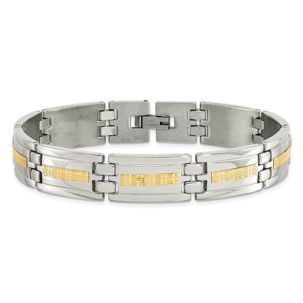 Chisel Stainless Steel Polished with 14k Gold Inlay 8.75 inch Link Bracelet SRB1711-8.75