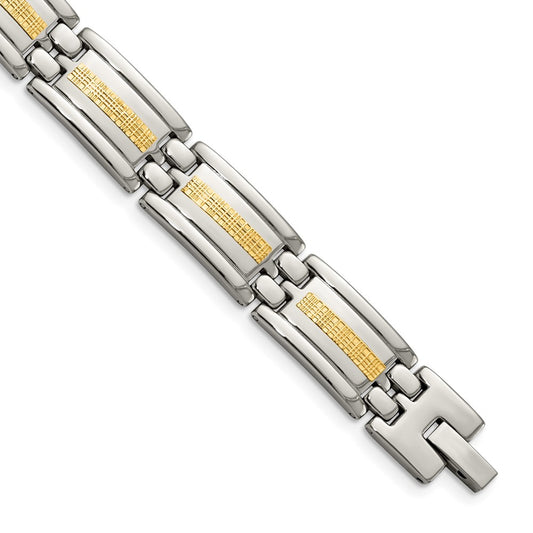 Chisel Stainless Steel Polished with 14k Gold Inlay 8.75 inch Link Bracelet SRB1711-8.75
