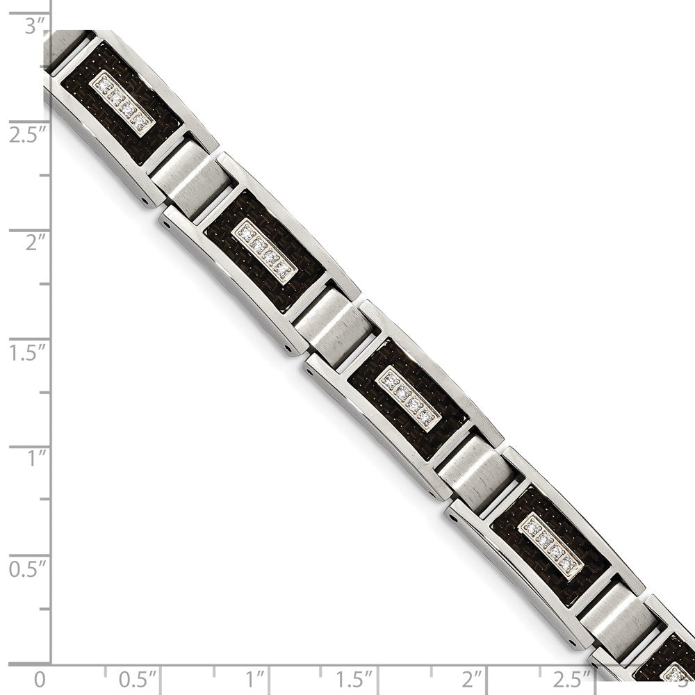 Chisel Stainless Steel Brushed and Polished with CZ and Black Carbon Fiber Inlay 8.75 inch Link Bracelet SRB1795-8.75