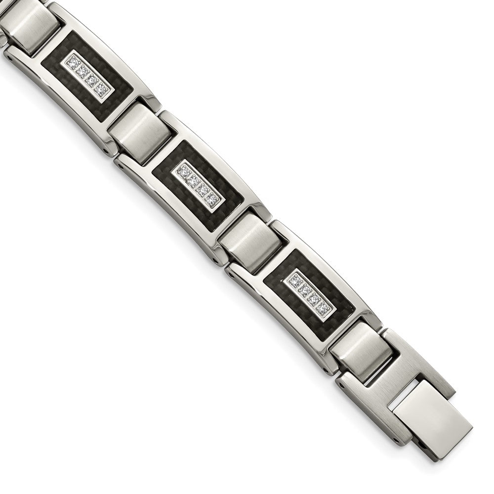 Chisel Stainless Steel Brushed and Polished with CZ and Black Carbon Fiber Inlay 8.75 inch Link Bracelet SRB1795-8.75