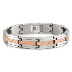 Chisel Stainless Steel Polished and Textured Rose IP-plated 8.5 inch Link Bracelet SRB1797-8.5