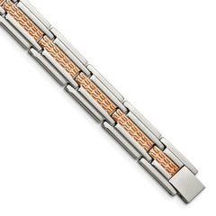 Chisel Stainless Steel Polished and Textured Rose IP-plated 8.5 inch Link Bracelet SRB1797-8.5