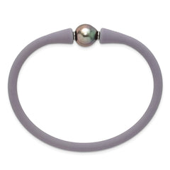 Stainless Steel 10-11mm Black Tahitian Pearl Grey Silicone Bracelet SRB1854GR