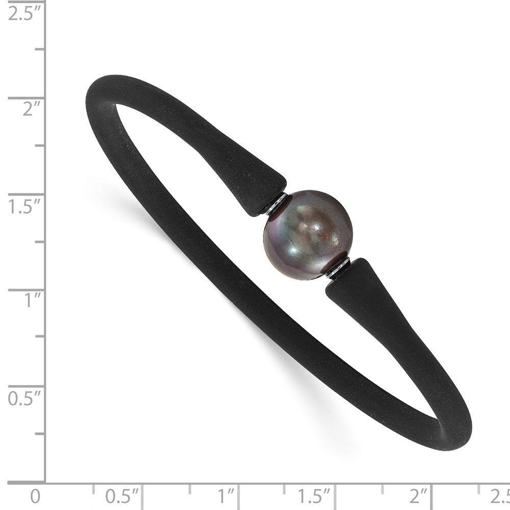 Chisel Stainless Steel 11-12mm Black Freshwater Cultured Pearl Black Silicone Bracelet with Hidden Clasp SRB1855