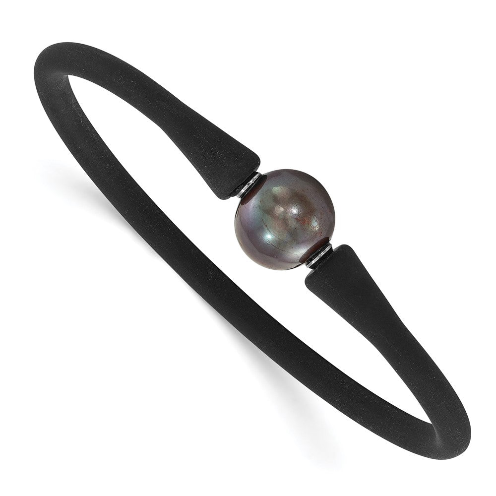 Chisel Stainless Steel 11-12mm Black Freshwater Cultured Pearl Black Silicone Bracelet with Hidden Clasp SRB1855