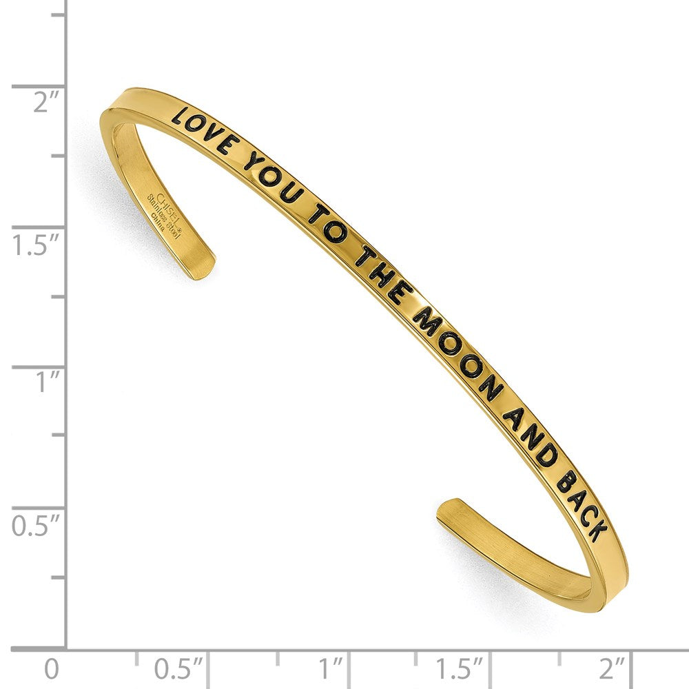Chisel Stainless Steel Polished and Enameled Yellow IP-plated with Crystal LOVE YOU TO THE MOON AND BACK 3mm Cuff Bangle SRB1896