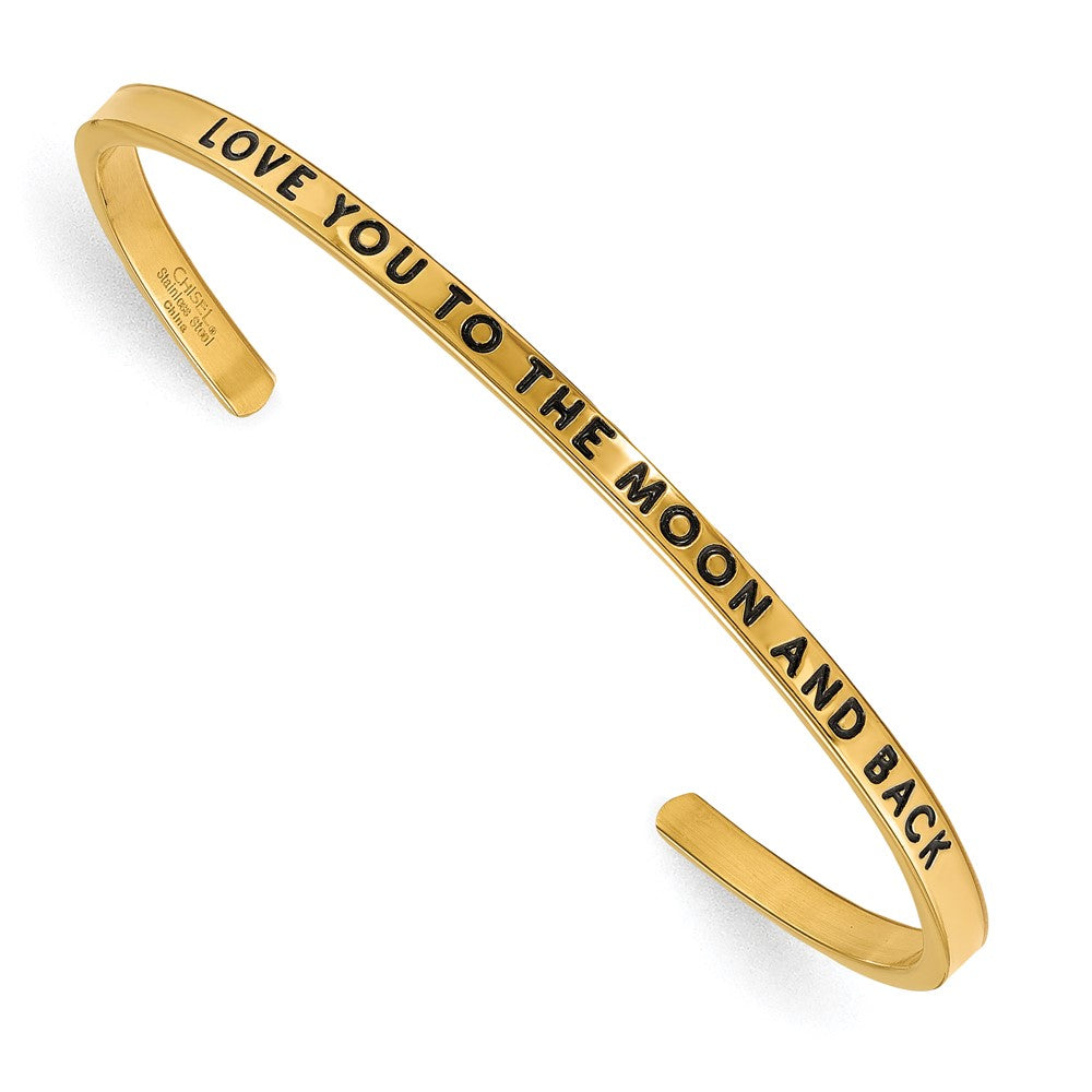 Chisel Stainless Steel Polished and Enameled Yellow IP-plated with Crystal LOVE YOU TO THE MOON AND BACK 3mm Cuff Bangle SRB1896