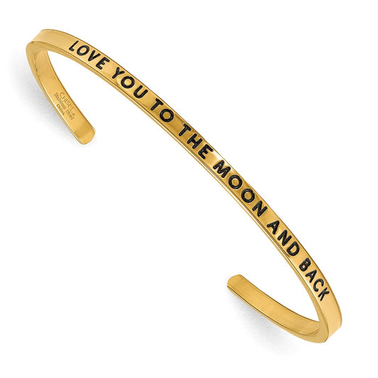 Chisel Stainless Steel Polished and Enameled Yellow IP-plated with Crystal LOVE YOU TO THE MOON AND BACK 3mm Cuff Bangle SRB1896