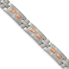 Chisel Stainless Steel Brushed and Textured Rose IP-plated with CZ 8.5 inch Link Bracelet SRB1906-8.5