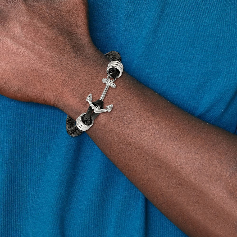 Chisel Stainless Steel Polished Anchor Black Braided Leather 8.5 inch Bracelet SRB1910-8.5