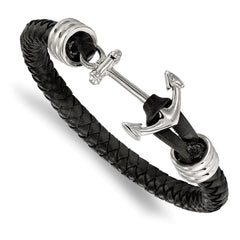 Chisel Stainless Steel Polished Anchor Black Braided Leather 8.5 inch Bracelet SRB1910-8.5