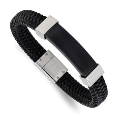 Chisel Stainless Steel Polished Black IP-plated Black Braided Leather 8.5 inch Bracelet SRB1920-8.5