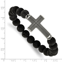 Chisel Stainless Steel Antiqued Gun Metal IP-plated Cross 10.5mm Lava Stone Beaded Stretch Bracelet SRB1923