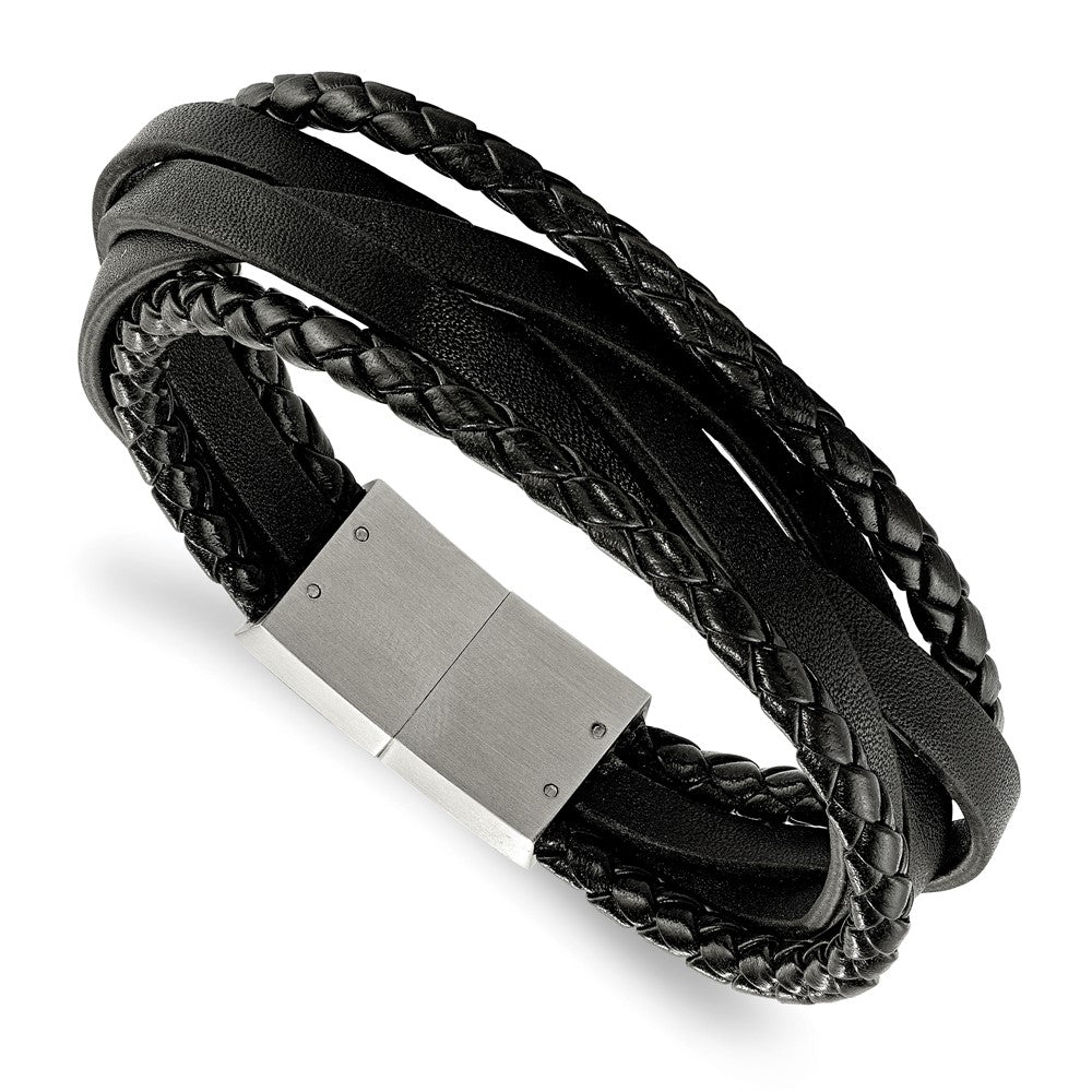Chisel Stainless Steel Brushed Multi Strand Black Braided Leather 8.25 inch Bracelet SRB1942-8.25
