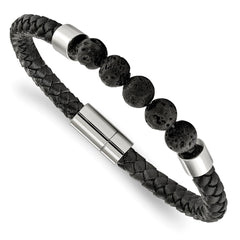 Chisel Stainless Steel Polished with Lava Stone Beads Black Leather 8.75 inch Bracelet SRB1944-8.75