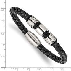 Chisel Stainless Steel Brushed and Polished Braided Black Leather 8.5 inch Bracelet SRB1992-8.5
