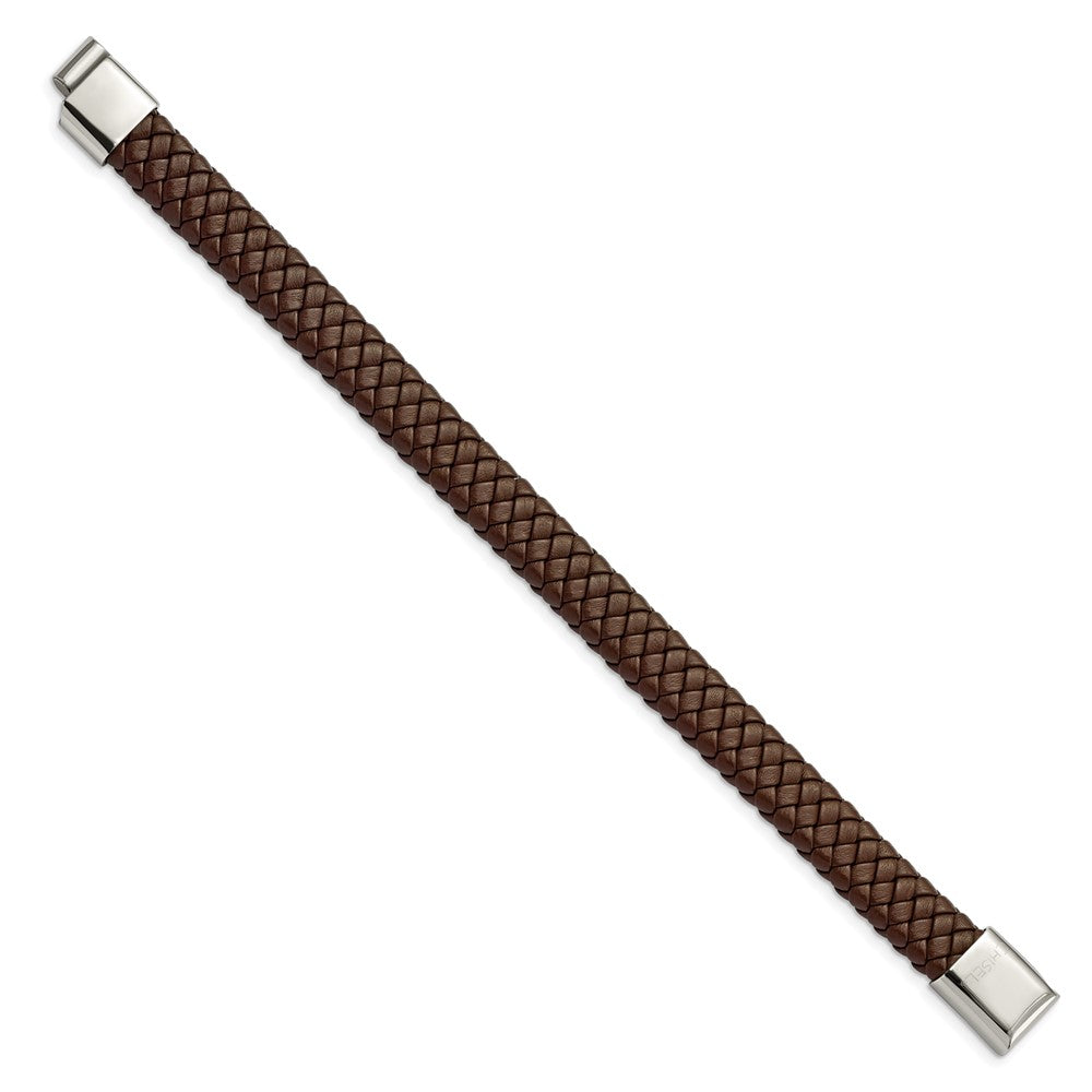 Chisel Stainless Steel Polished Brown Braided Leather 8.5 inch Bracelet SRB1999-8.5