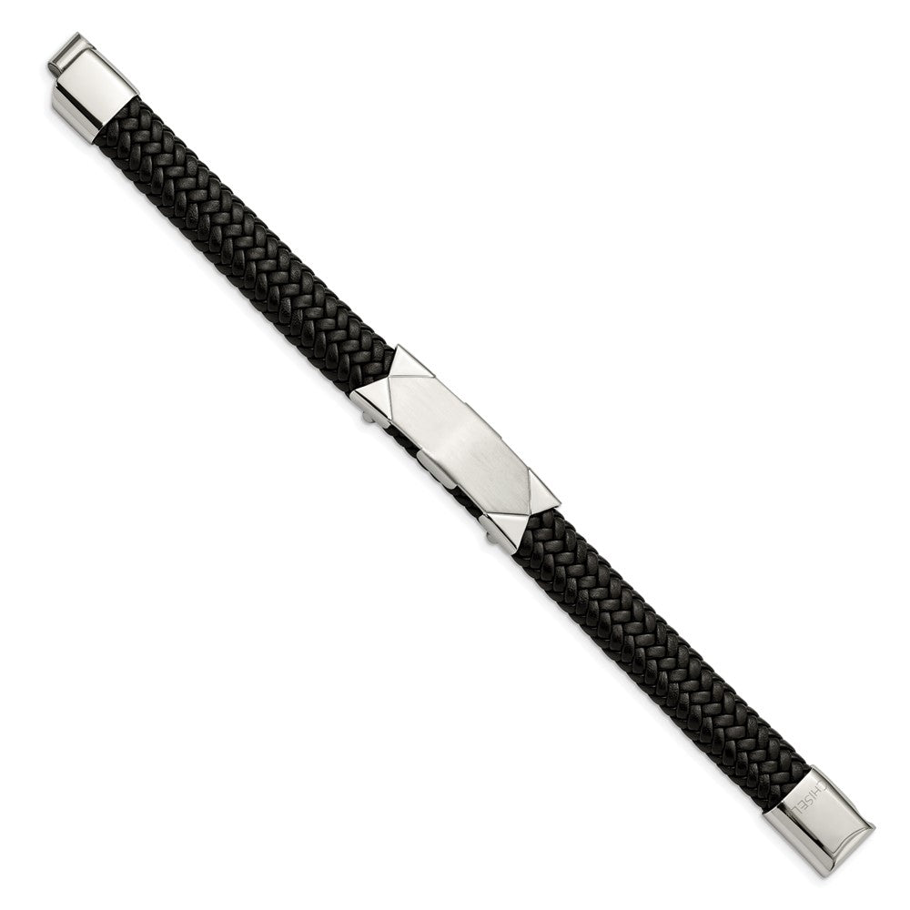 Chisel Stainless Steel Brushed and Polished Braided Black Leather 8.5 inch ID Bracelet SRB2004-8.5
