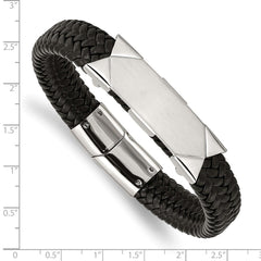 Chisel Stainless Steel Brushed and Polished Braided Black Leather 8.5 inch ID Bracelet SRB2004-8.5