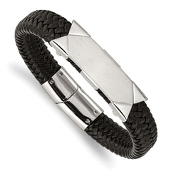 Chisel Stainless Steel Brushed and Polished Braided Black Leather 8.5 inch ID Bracelet SRB2004-8.5