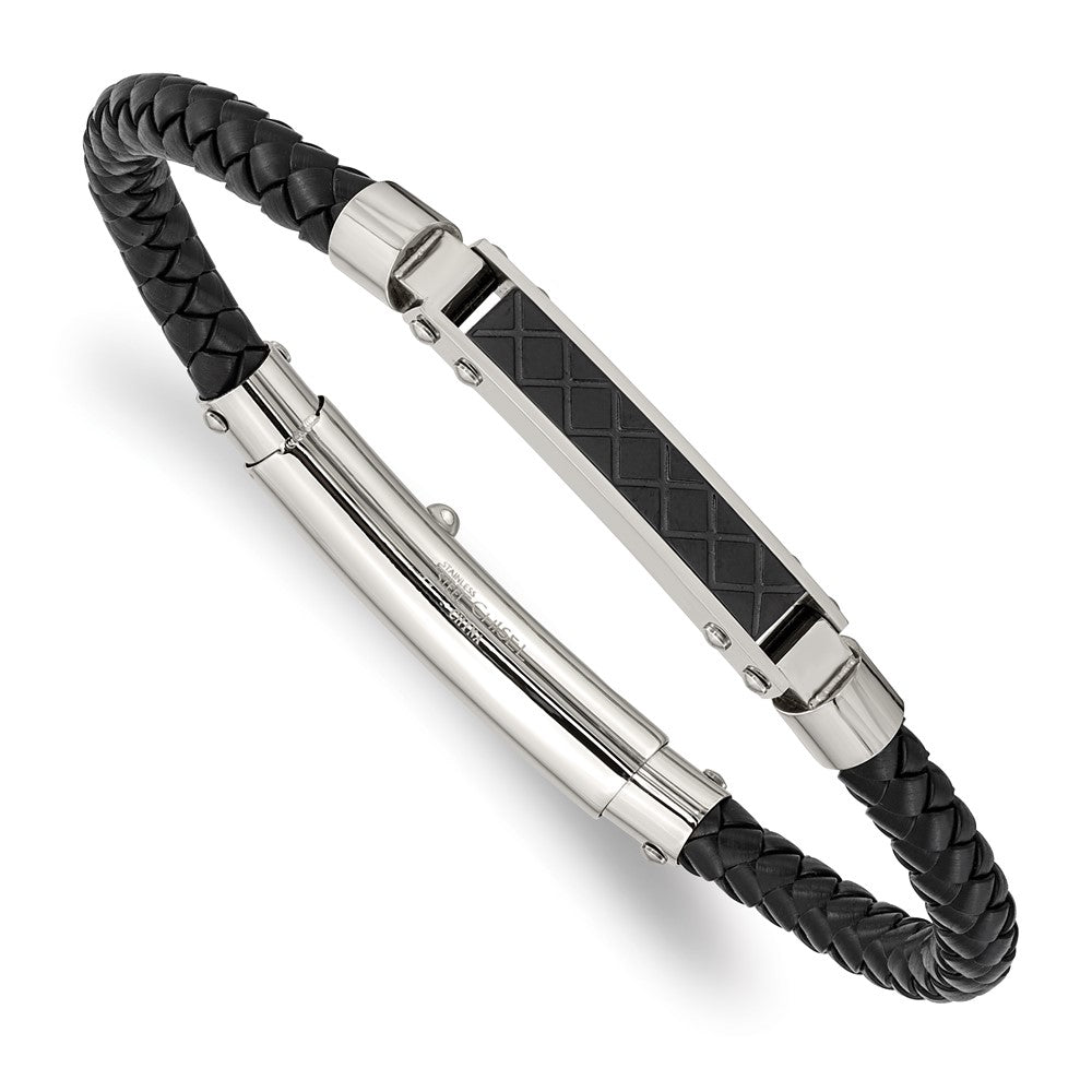 Chisel Stainless Steel Polished and Textured Black IP-plated Black Braided Leather Adjustable 7.5 and 8 inch Bracelet SRB2017