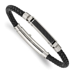 Chisel Stainless Steel Polished and Textured Black IP-plated Black Braided Leather Adjustable 7.5 and 8 inch Bracelet SRB2017