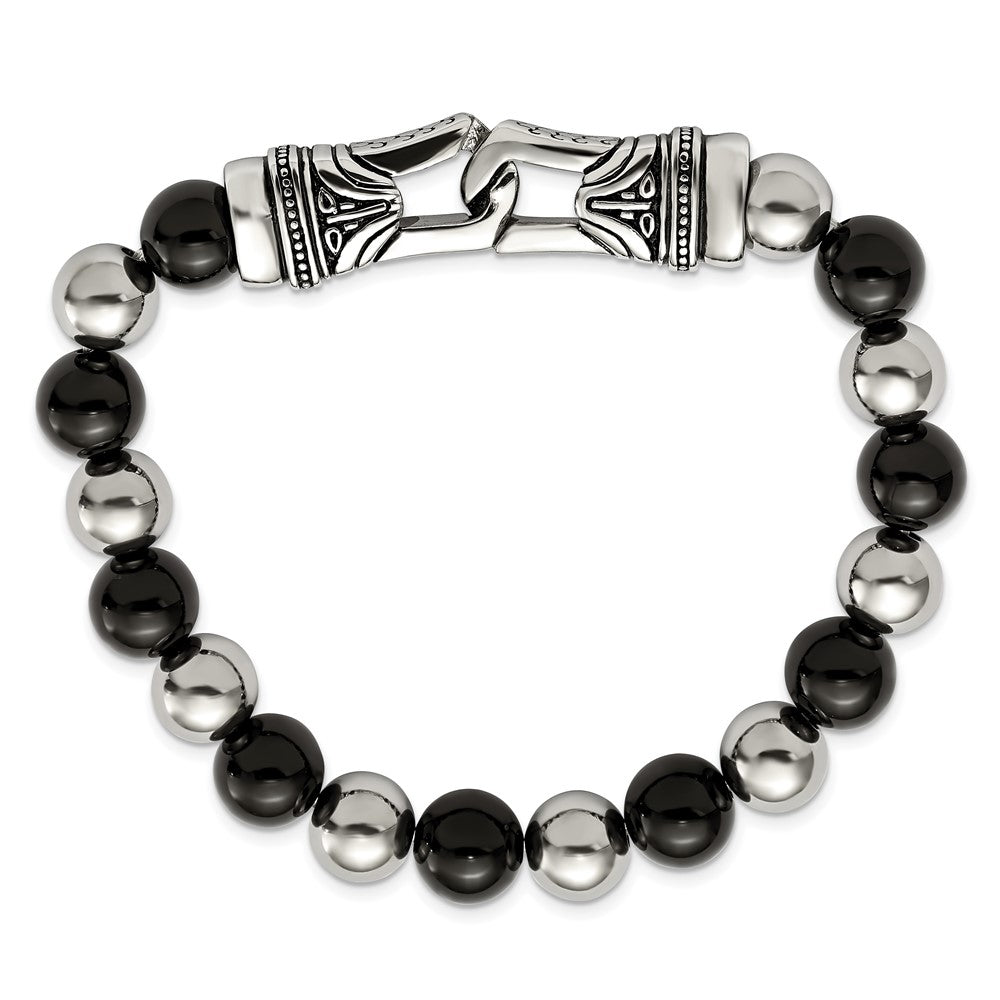 Chisel Stainless Steel Antiqued and Polished 10mm Black Agate Beaded Stretch Bracelet SRB2020