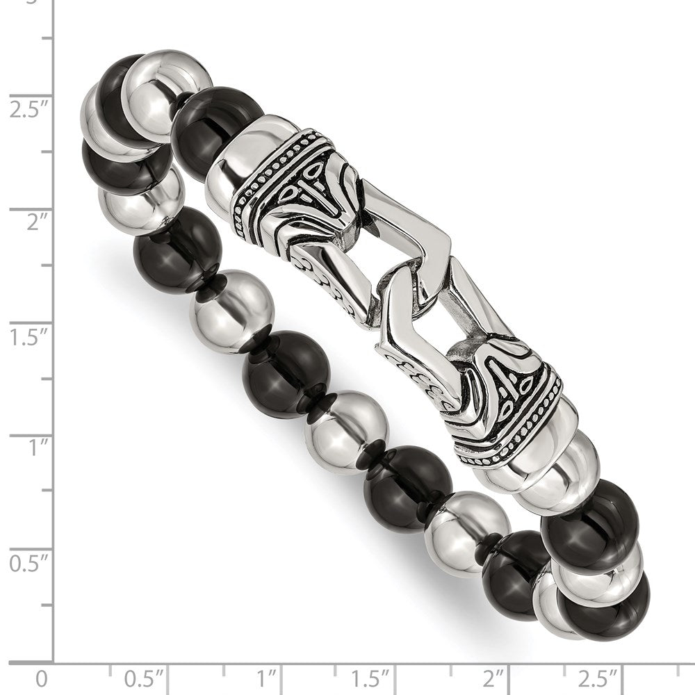 Chisel Stainless Steel Antiqued and Polished 10mm Black Agate Beaded Stretch Bracelet SRB2020