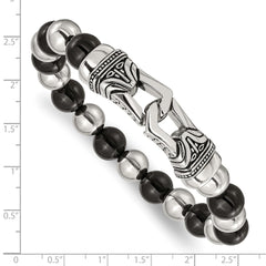 Chisel Stainless Steel Antiqued and Polished 10mm Black Agate Beaded Stretch Bracelet SRB2020