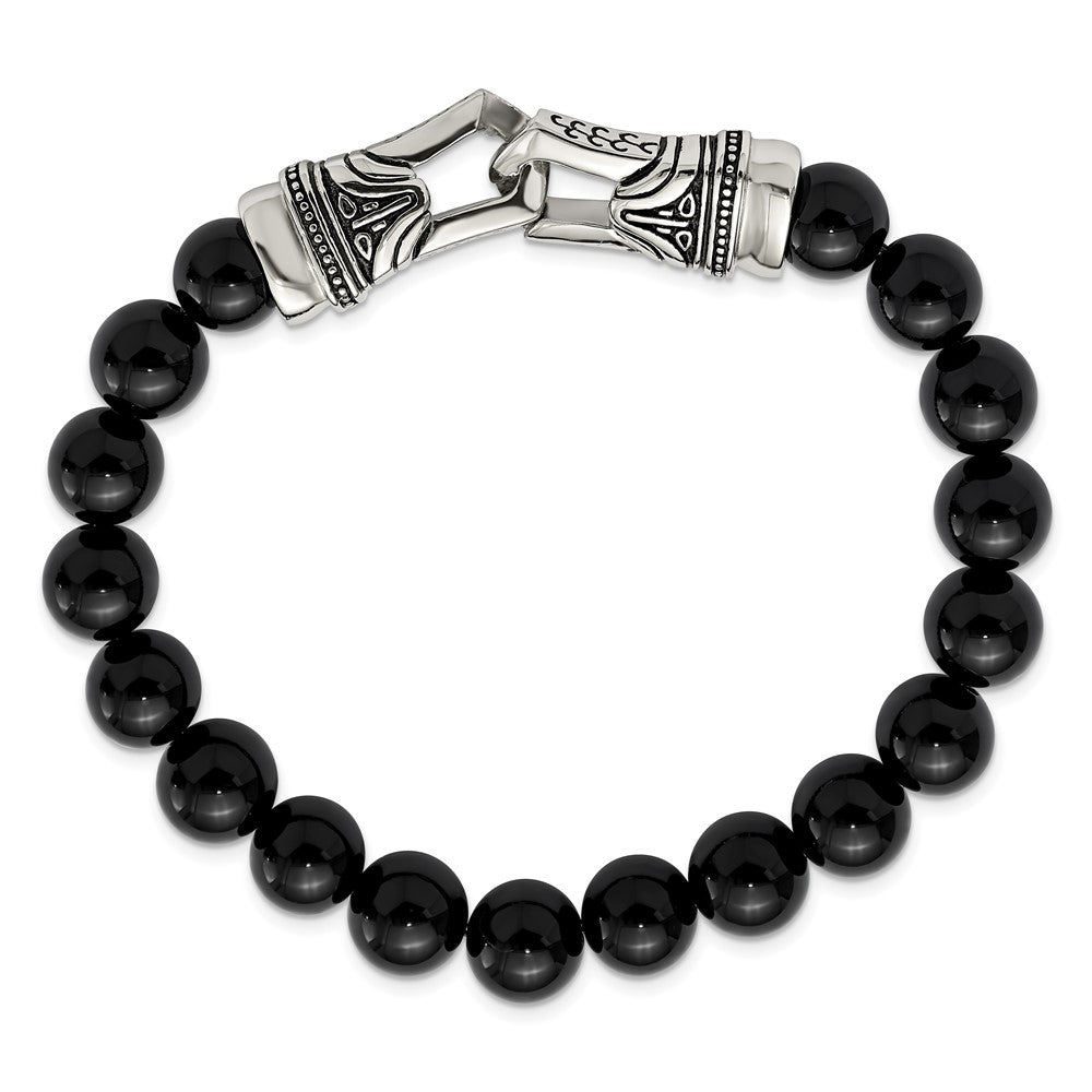 Chisel Stainless Steel Antiqued and Polished 10mm Black Agate Beaded Stretch Bracelet SRB2021