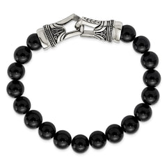 Chisel Stainless Steel Antiqued and Polished 10mm Black Agate Beaded Stretch Bracelet SRB2021