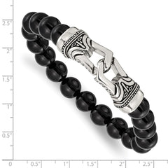 Chisel Stainless Steel Antiqued and Polished 10mm Black Agate Beaded Stretch Bracelet SRB2021