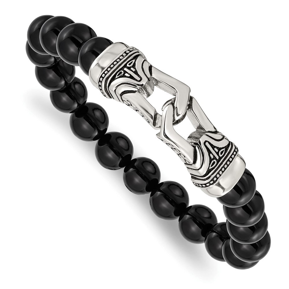 Chisel Stainless Steel Antiqued and Polished 10mm Black Agate Beaded Stretch Bracelet SRB2021