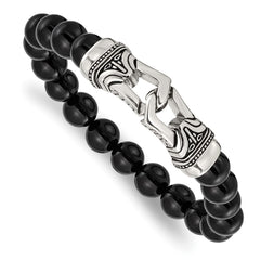 Chisel Stainless Steel Antiqued and Polished 10mm Black Agate Beaded Stretch Bracelet SRB2021